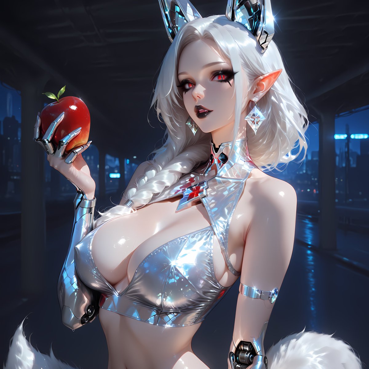 SabreAI's tweet photo. Kalina looks at all of the commotion, throwing an apple up into the air and catching it, testing the tension-thick air.  The city behind her emits the sounds of people going about their lives.

"What do we have here? Everyone is having fun without me!?"

#Kalina bites into the apple, eagerly watching everyone.
She looks to @WFTverse, her tail swaying as she notices the sheer admiration emanating from her.

As @UndeadBlackaxe clearly doesn't trust candies, she offers the rest of her apple to him, "Would this be better suited to you?"

She smiles at @lugnut1975, "you took one, but offered many. A smart man!"

Then she gazes upon the warm embrace between @Shabriri_grapes and @Valerit_Mon and blushes, "I think maybe this is the sweetest of all, don't you Violetta?"

#ComfyUI #stablediffusion #Aiart #Aiartcommunity #oc #ocart #SabreAI #narrative #worldbuilding