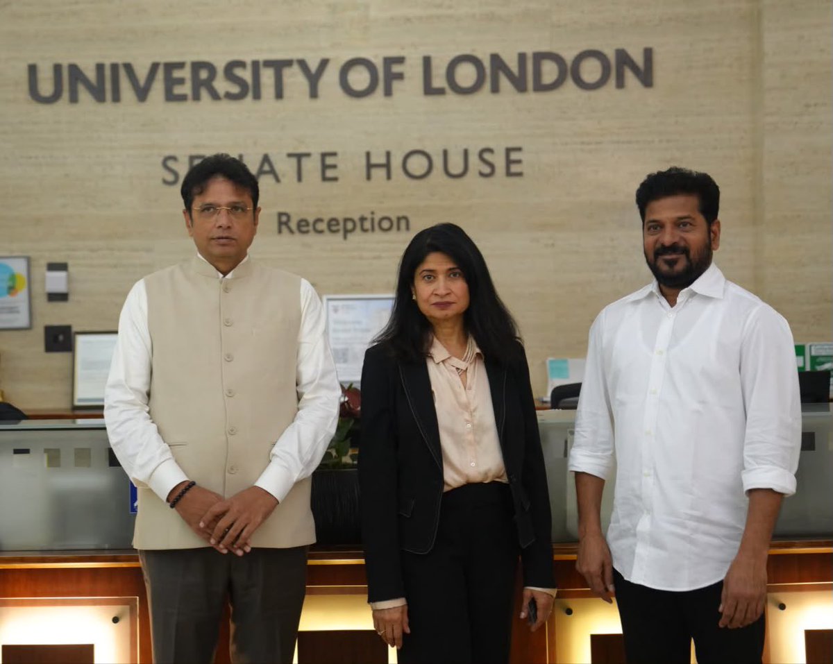 revanth_anumula's tweet photo. I was pleased to lead the official #TelanganaRising delegation to Senate House, University of London, for a roundtable with the University of London, including the London School of Economics and Political Science (LSE) and SOAS.

We discussed the University of London’s plans to establish a campus in #Hyderabad, bringing world-class education and a wide range of programmes to Telangana’s youth.

With IT & Industries Minister D. Sridhar Babu garu, K. Ramakrishna Rao, Jayesh Ranjan and the University of London team, we explored how this partnership can strengthen education, research and global opportunities for our students.

 #Education  #Telangana
