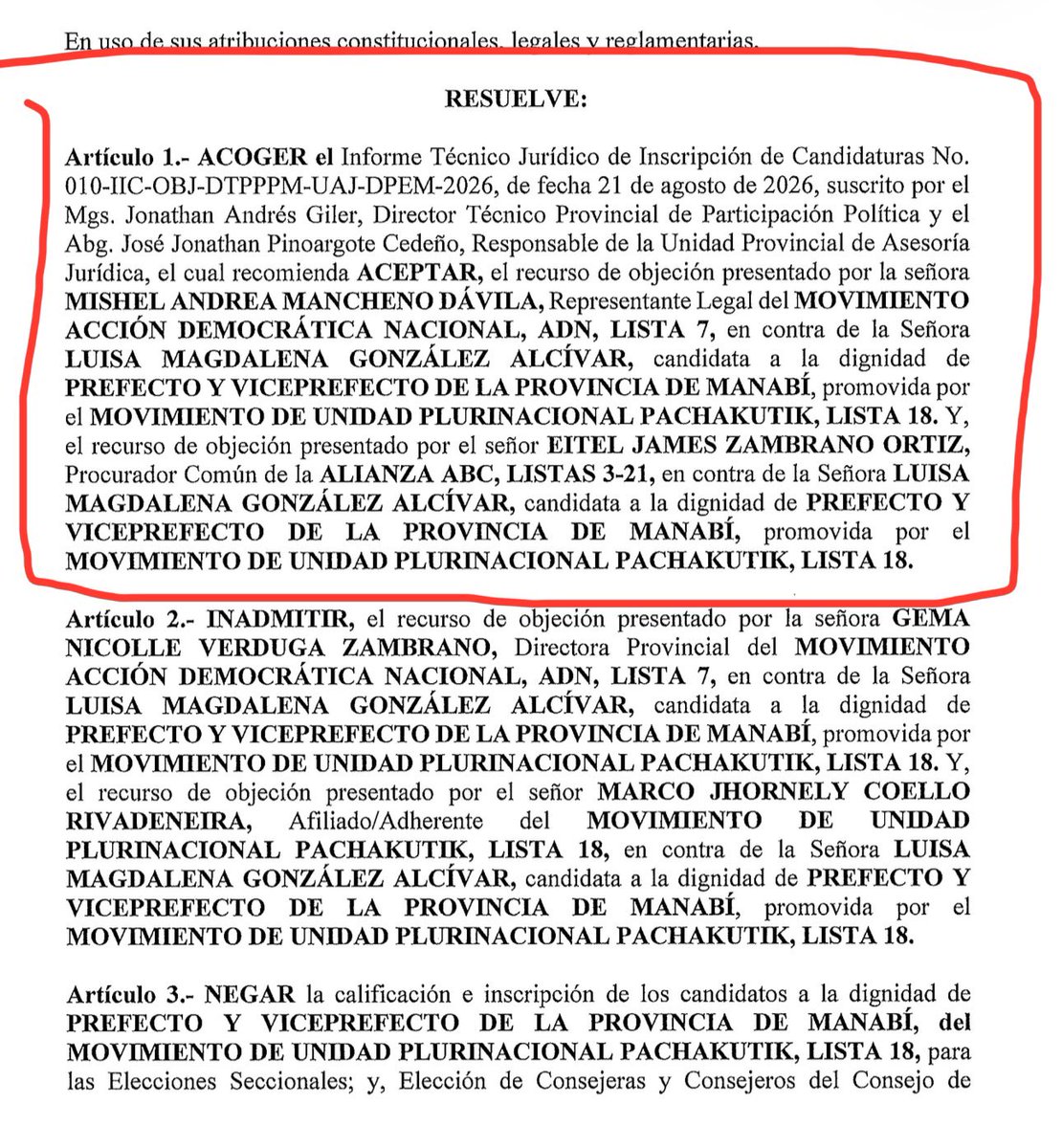 fabriciovelav's tweet photo. La Junta Provincial Electoral de Manabí negó la calificación de la precandidatura de Luisa González a la prefectura de esa jurisdicción.

El organismo acogió el informe técnico que recomendó aceptar las objeciones presentadas por la representante del movimiento ADN, Mishel Mancheno, y por el representante de la alianza ABC (3-21), Eitel Zambrano.

Según esta resolución, González y su precandidato a viceprefecto, Gabriel Giler Reyes, no cumplen los requisitos internos establecidos por el movimiento Pachakutik para ser candidato, específicamente que deben ser miembros activos o adherentes permanentes desde al menos dos años antes de la definición de las candidaturas.

No obstante, esta resolución no está en firme. 

La decisión de la junta provincial puede ser impugnada ante el Consejo Nacional Electoral (CNE) y luego, de ser el caso, recurrible ante el Tribunal Contencioso Electoral (TCE).

Estos caminos podrían tomar alrededor de 25 días. 
@PrimeraPlanaECU