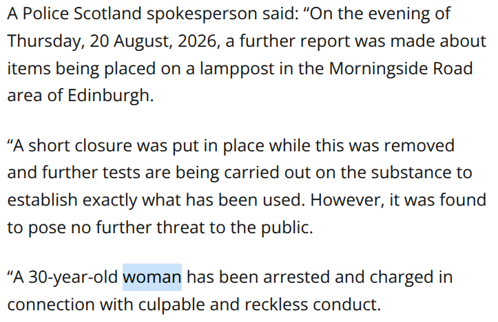 hightreebud's tweet photo. .@PoliceScotland @PSOSLothBord The person arrested and charged is a man. Can you explain why you have given a statement to the press that he is a woman? 
https://t.co/AqwwQuTj6e

This contravenes your policy to record crimes by biological sex:
https://t.co/XI9t6b0BGb https://t.co/O9JkUC8FUW