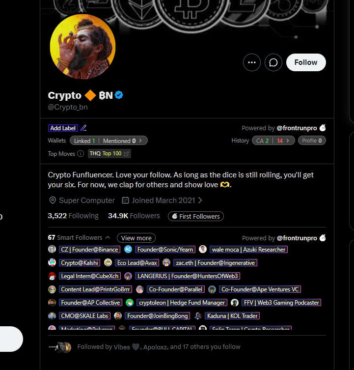 JcMeenie's tweet photo. 0xb5251a4f820aedf1e17649e01fe8319a3cc87777

this guy interacted with dev, followed by CZ

and many more , check https://t.co/LDVLR4y4gc