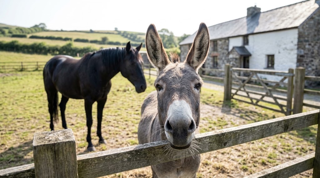 SamaHoole's tweet photo. Nelson appears in most of the reviews of the holiday cottage at the end of the yard and has never once been mentioned in the listing.

The listing says: two bedrooms, wood burner, walks from the door, dogs by arrangement.

The reviews say:

- Five stars. "Clean, warm, quiet. There is a donkey. Nobody warned us about the donkey."
- Five stars. "Second visit. He was at the gate on arrival. He was at the gate on departure. Unclear whether he moved."
- Three stars. "Shower pressure poor. Donkey excellent."
- Five stars. "The big black horse follows the donkey around like a dog. We watched this for an hour on the first evening instead of going out for dinner."
- One star. "Very isolated. Nothing to do."
- Five stars. "Reply to the above. There is a donkey."
- Four stars. "We came for the Clwydian hills. We did the hills once."
- Five stars. "My husband has not been right since his operation. He went down to that fence every morning at seven and I have not seen him do anything at seven for two years. He has looked up donkey sanctuaries. I do not know what happens next and I am not stopping it."

The yard has not replied to any of them, because the yard does not know the reviews exist. Nobody who keeps a donkey has ever thought of it as an amenity.

Hector is in a fair number of the photographs. He is seventeen hands of Cavalry Black who walked behind a gun carriage at a state funeral while a nation watched through its tears, and in every single picture he is standing slightly behind a small grey donkey, out of focus.