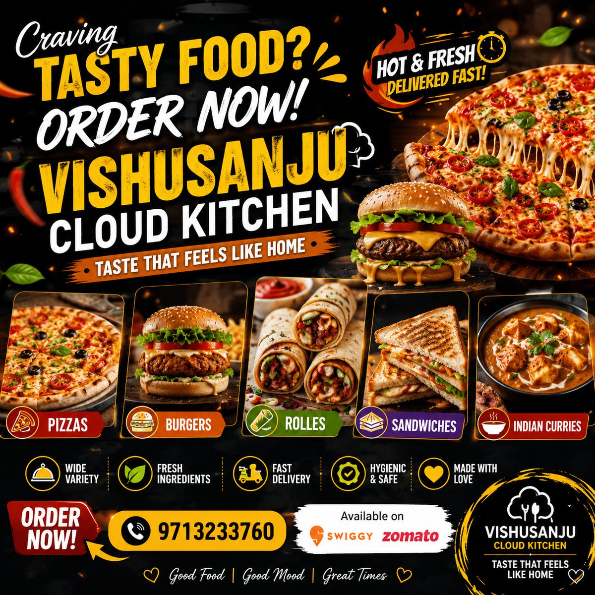 vishusanju's tweet photo. 🍕🔥 CRAVINGS HAVE A NEW ADDRESS! 🔥🍔

Welcome to VISHUSANJU CLOUD KITCHEN ❤️

We've got your cravings covered! 😍
🍕 Cheesy Pizzas
🍔 Loaded Burgers
🥪 Grilled Sandwiches
🌯 Delicious Rolls
🍟 Irresistible Snacks
❤️ Made Fresh • Packed Carefully https://t.co/y0ytx4KRQX