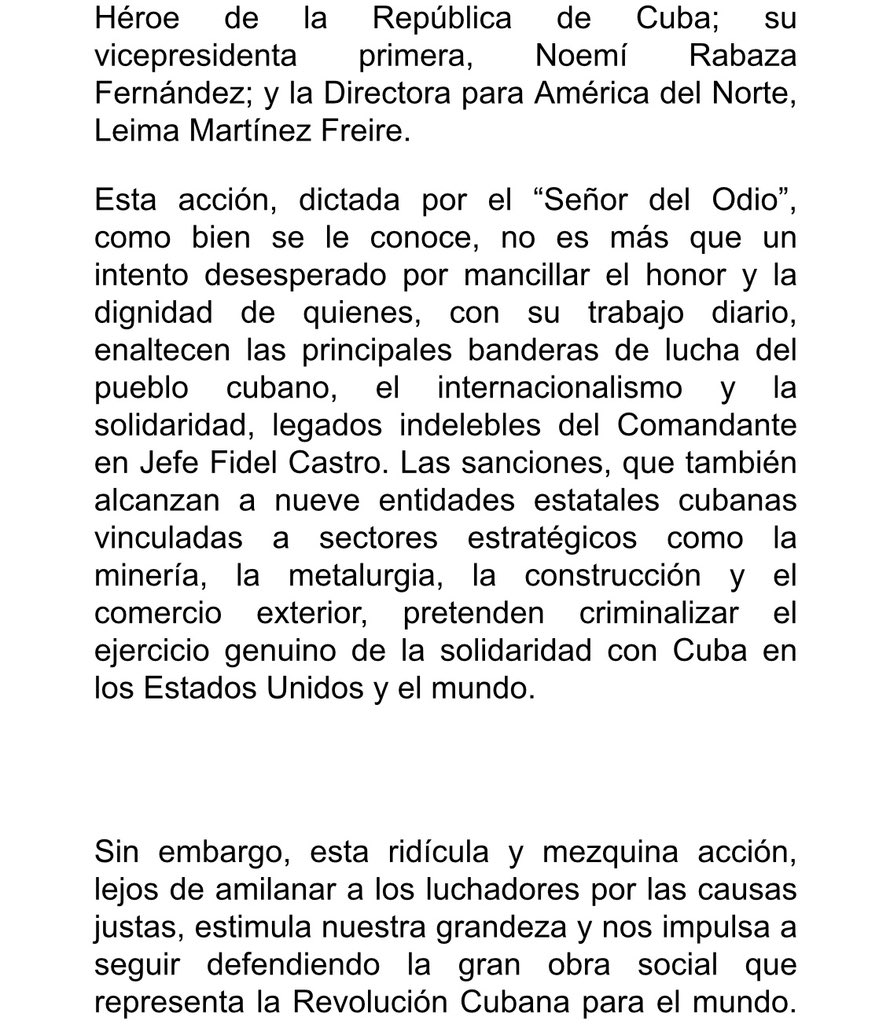 siempreconcuba's tweet photo. 🇻🇪🇨🇺 El Movimiento Nacional de Amistad Mutua #Venezuela-#Cuba denunció la sanción de #EEUU contra @fernando5hicap, @RabazaNoemi y Leima Martínez, directivos del ICAP. Calificaron la acción como "un intento desesperado por mancillar el honor de quienes enaltecen la solidaridad". https://t.co/d7voShhEZE