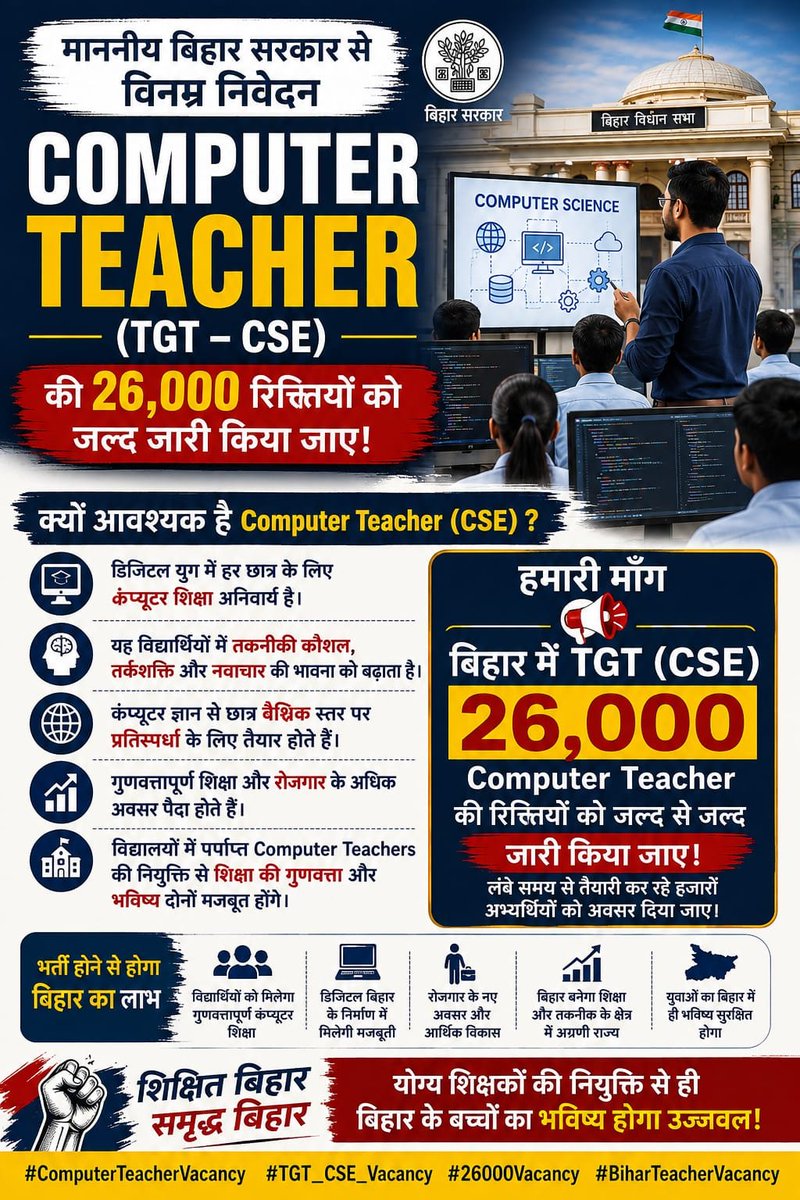 sourav0979's tweet photo. NEP 2020 Coding, Digital Literacy और Computational Thinking पर जोर देती है। तो TGT जरूरी है।

TRE-4 में 26,000 Computer Science पद हों!

#ComputerScienceTGTinTRE4 #BPSCTRE4 #26000Vacancies
@NitishKumar @yadavtejashwi @mkrtiwari_bjp @Jduonline @jansuraajonline @samrat4bjp https://t.co/9Bd47ZgQ0U