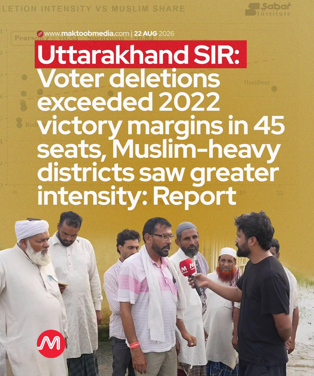 MaktoobMedia's tweet photo. A Sabar Institute analysis found a strong association between Muslim population share and voter deletion intensity in Uttarakhand, where deletions exceeded the 2022 winning margin in 45 of 70 Assembly constituencies.

https://t.co/09tu8bTZvn https://t.co/lPB6D0QF7J