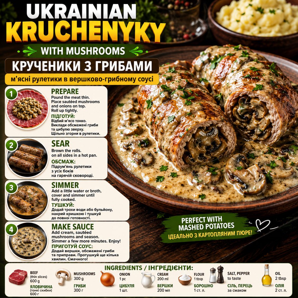 en_visual_learn's tweet photo. 🥩 Ukrainian Kruchenyky with Mushrooms 🇺🇦
Соковиті м’ясні рулетики з грибною начинкою у ніжному вершковому соусі. Справжній смак української кухні! 🍄🤍

#UkrainianFood #Kruchenyky #FoodRecipe #LearnEnglish #EnglishVocabulary https://t.co/DSVglRHaiT