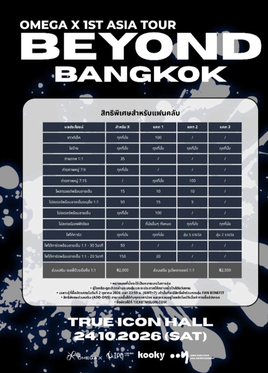 OmegaX_TH's tweet photo. 🎟️ ผังที่นั่งและรายละเอียดเพิ่มเติม (1/2)

OMEGA X 1st ASIA TOUR [BEYOND] in BANGKOK

📅 24 ตุลาคม 2569
📍 True Icon Hall, icon siam

🎫 เปิดจำหน่ายบัตรทั่วไป
27 สิงหาคม 2569
⏰ 18:00 น. 
🎟️ ซื้อบัตรได้ที่ Ticketmelon

#OMEGA_X #OMEGA_X_BEYOND #OMEGA_X_BANGKOK https://t.co/NHtbYVJrlt