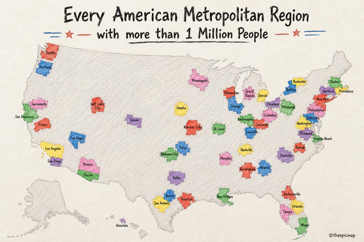 theepicmap's tweet photo. Every US metropolitan region with more than 1 million people. https://t.co/NFefa0nSwx