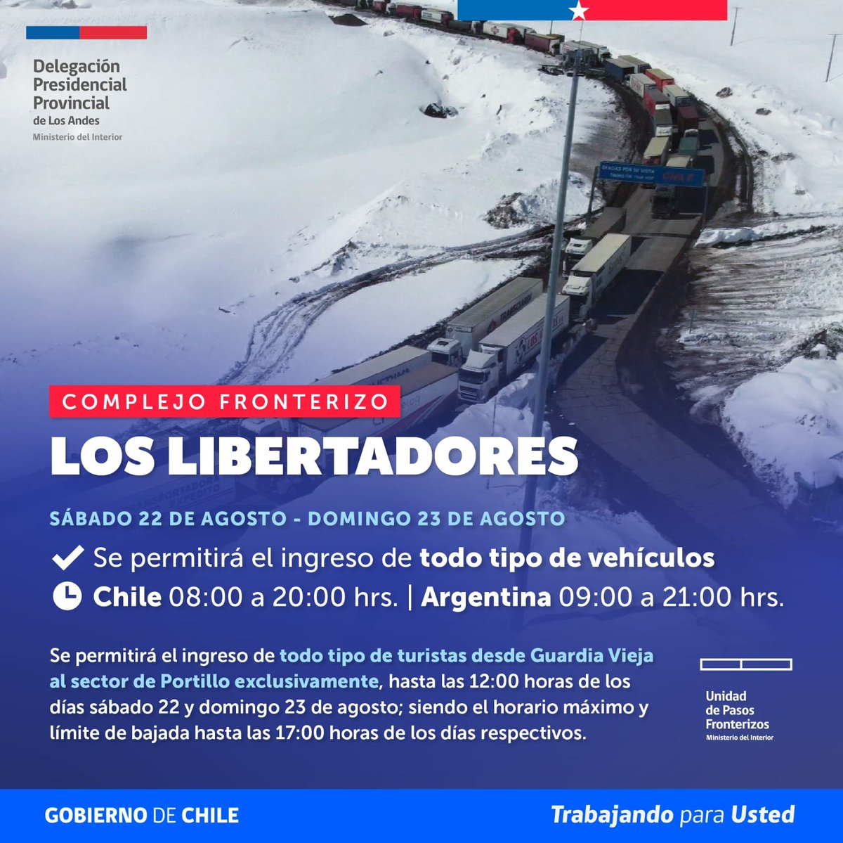 RadioLiderChile's tweet photo. Delegación Presidencial de Los Andes confirmó que este Sábado 22 y Domingo 23 de Agosto, fue abierto el Paso Fronterizo Los Libertadores y Camino Internacional fue hasta Portillo para el Turismo Local con subida hasta las 12:00 horas y con límite de bajada 17:00 horas. https://t.co/vq2IZreCWE