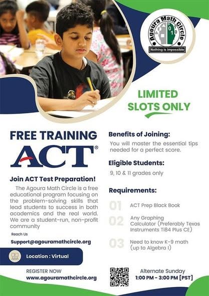 agouramath's tweet photo. Calling all students!🚨

We’re looking for more students to join our ACT Prep &amp; Engineering Design programs!

💻 Online options available

Join Agoura Math Circle and register today!

#AgouraMathCircle #ACTPrep #Engineering #3DModeling #STEM https://t.co/lV8Qix3RrU