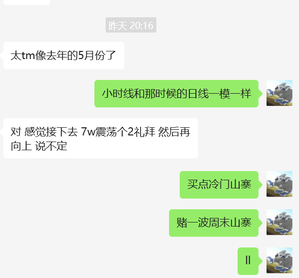 Wsiuping's tweet photo. 捋一捋这周，其实我基本都没参与到这段的单边行情，周一Sui0.64的时候想进场，但是大A已经全仓，一万块都提不出来，后续则是大A的连续回撤，大概从+8%到-3%。Sui 的0.64这个位置是我希望的第一个布仓点，后续的连续拉升完全没有回调，则完全错过，就没有参与。

开始参与则是昨天，临时找朋友弄的U，本金不多，在九点多的时候看着盘整不错，有向上的三段突破，但是我等U到的时候大饼已经是+3%了，继而直接转空，直接连损。

后续则是周五结束，我会认为没有回调的大饼二饼，在高位盘整的情况下，一般会迎来的是周末的山寨行情，也是提前说了。所以我自己则是昨天晚上，开了7个多单，以gas和prom，slx为主，盘口的交易额600w左右。

今天中午提醒了，到头了，因为2550这一块是日线的ema576 和676一带，是一个均线的重要标志，并且自己也确认完全回针的时候，开出空单。2350是我认为这一段行情的支撑点（五天涨幅的0.618）。