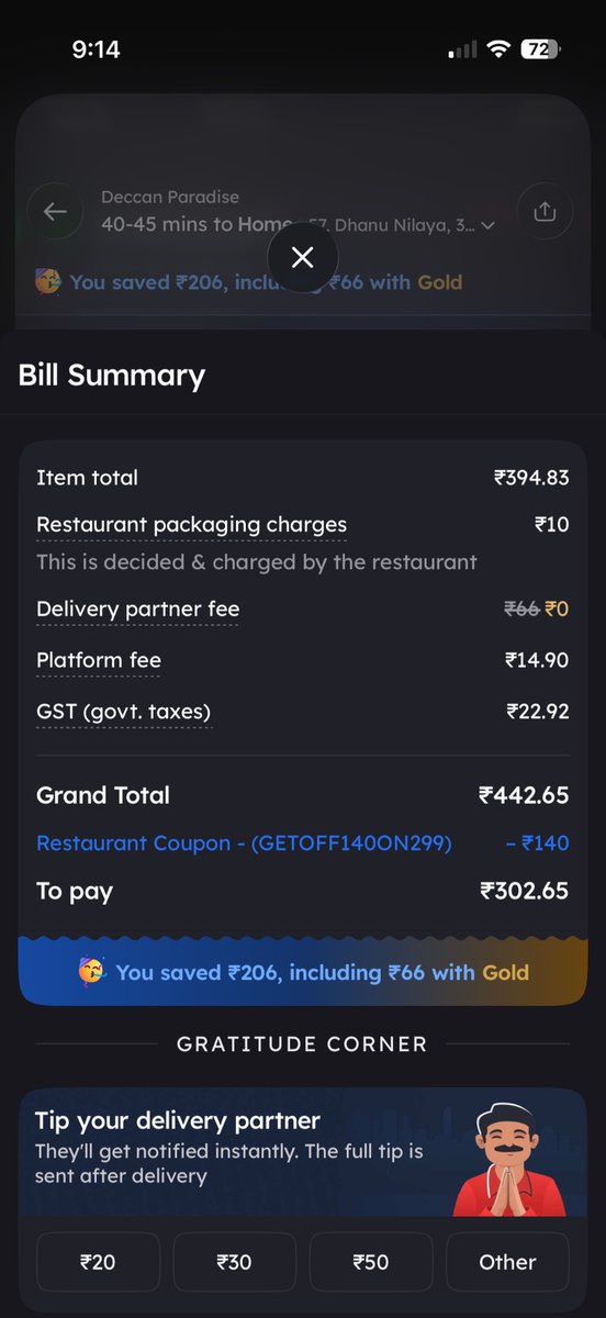 virupaaksa's tweet photo. Found something weird on Zomato 👀

Same restaurant. Same item ₹394.83. Same ₹140 coupon.

iPhone 14 → GST ₹12.74
iPhone 16 Pro → GST ₹19.74

5% GST should be ₹19.74 before the coupon.

Why is the coupon reducing taxable value on one device but not the other?

@zomato https://t.co/Zu0Aa4YPhA