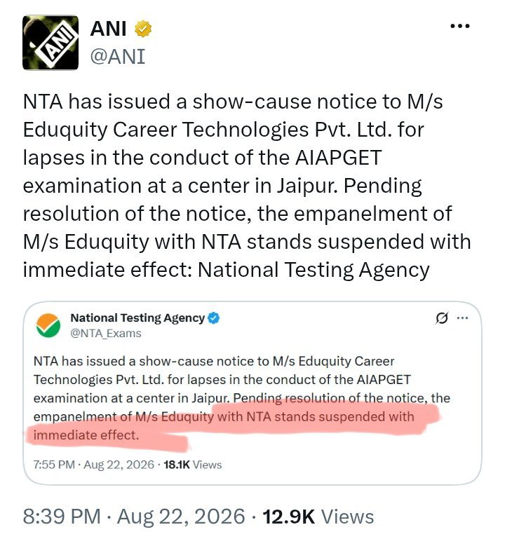 JohnsamReports's tweet photo. #news 🇮🇳 NTA has officially suspended on of the biggest exam conducting agency eduquity it is involved in conducting 
Ssc exams 
Engg exams like nbcc and various other exams like CSIR  ( max of these exams were compromised) https://t.co/w02NcdDIYI