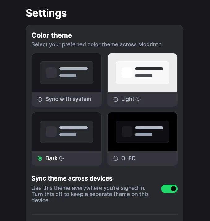 The Appearance settings page with a new option "Sync theme across devices" with a description "Use this theme everywhere you're signed in. Turn this off to keep a separate theme on this device."