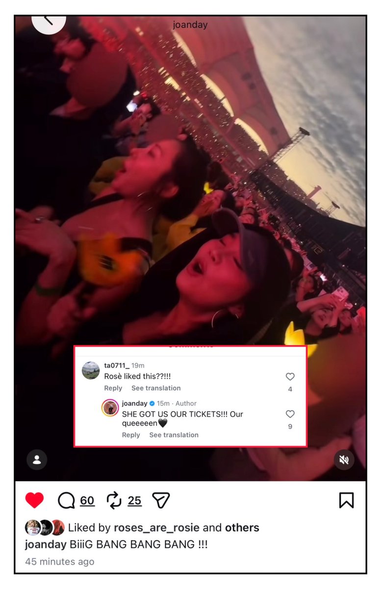 numbronce's tweet photo. rosie gave joan’s post at the big bang concert with ashley a like. joan replied to a comment saying rosie is the one who got them their tickets to go see the concert. always the sweetest girl ♡ https://t.co/JhtNyxXJLE