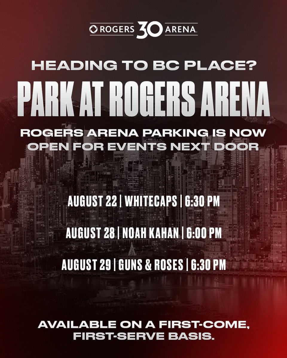 RogersArena's tweet photo. Heading to BC Place for the Vancouver Whitecaps game? Park across the street at Rogers Arena! 

Availability is on a first-come, first-serve basis. https://t.co/TDxEshc7B3
