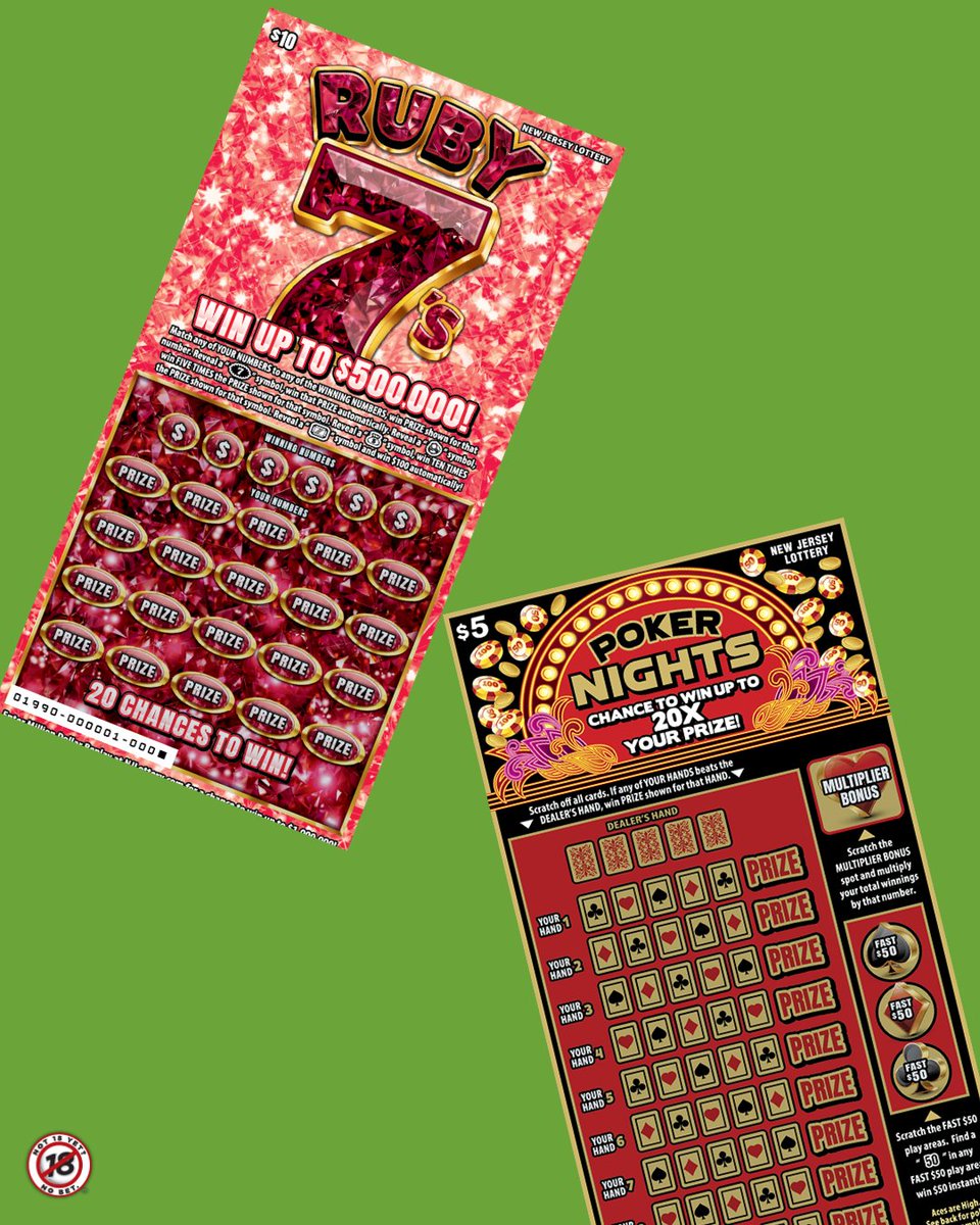 NJLottery's tweet photo. 💎 $10 Ruby 7's or 🃏 $5 Poker Nights? Two NEW Scratch-Offs tickets, two chances to win BIG! Which game are you playing? For Scratch-Offs game odds, visit https://t.co/LTUjX9ZRRv. https://t.co/1kRJlAXKT1