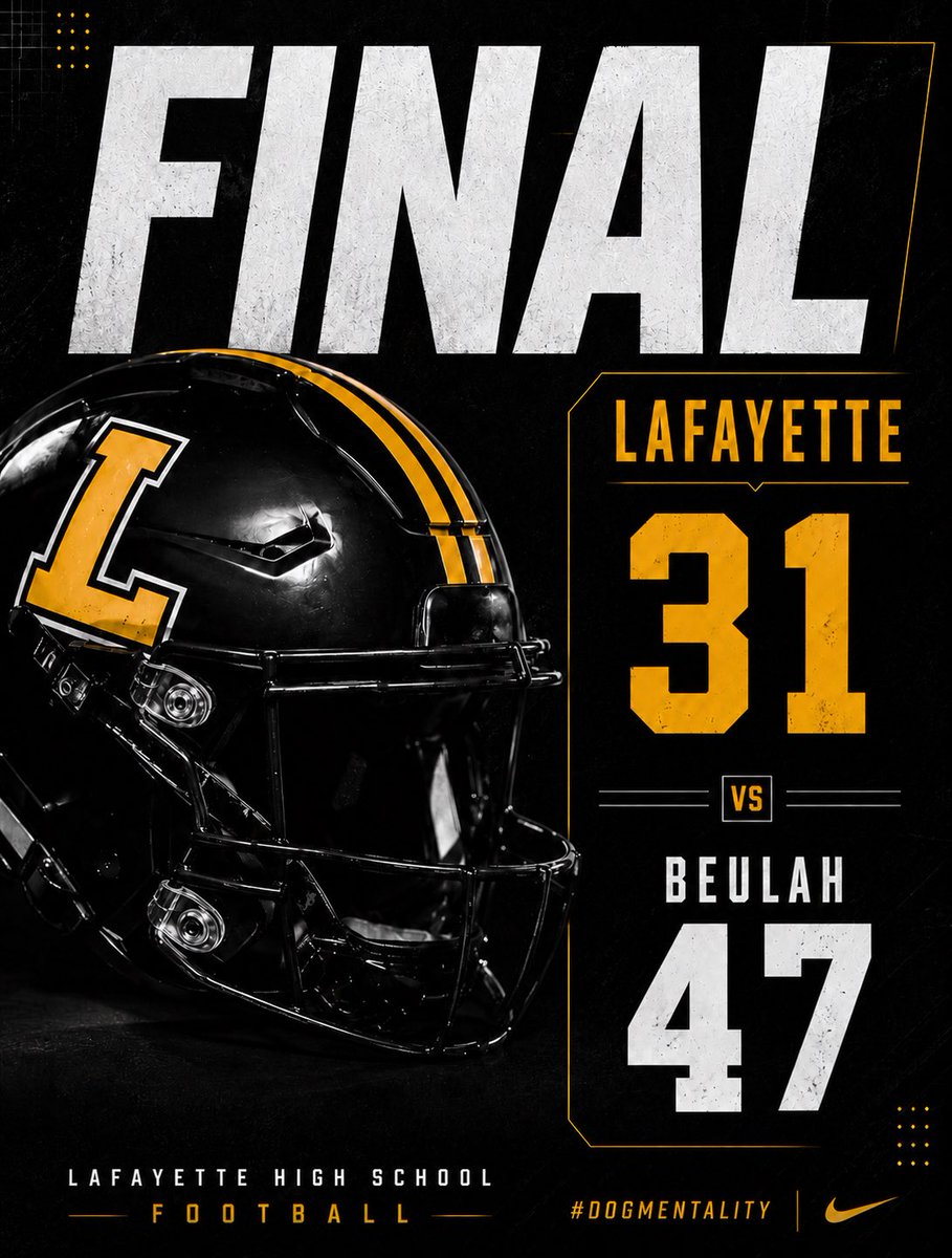 LaFayetteHS_FB's tweet photo. To our coaches and players, GREAT GAME! You played, fought, and pushed. You showed what it means to have that DOG Mentality: Determination. Ownership. Grit. 🐾

And to our fans, THANK YOU! You showed up loud, proud, and in full force! 🖤💛

#DOGMentality #LaFayetteHighFootball https://t.co/6k24hditaq