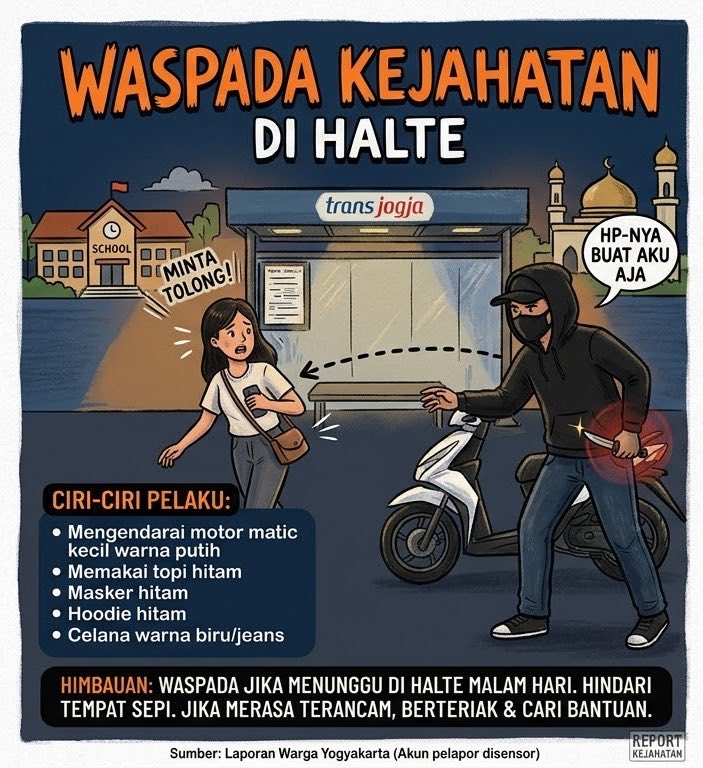 merapi_uncover's tweet photo. Halo min, izin berbagi informasi agar teman-teman lebih waspada. Tadi malam tgl (22/08/2026) sekitar jam 19.30an saya dan teman saya cewe, mengalami kejadian yang membuat kami takut saat menunggu di halte Trans Jogja (dekat SMPN 11 Yogyakarta/Rs Ludiro) 
Awalnya ada seorang laki-laki yang menghampiri kami (sepertinya dari awal sudah mengikuti kami), mengajak berbicara, menanyakan sedang menunggu apa, lalu bertanya merek HP teman saya. Setelah beberapa saat, dia mendekat dan bilang, "HP-nya buat aku aja Mbak." Saya juga sempat melihat benda yang diduga benda tajam di tangannya. Karena merasa terancam, kami berlari sambil berteriak meminta tolong dan orang tersebut tidak berhasil mengambil barang kami. Ciri-cirinya: mengendarai motor matic kecil warna putih, memakai topi hitam, masker hitam, hoodie hitam, celana warna biru/jeans. Kejadian ini terjadi di sekitar halte Trans Jogja (SMPN 11 Yogyakarta/RS Ludiro), jadi mohon teman-teman lebih berhati-hati apalagi saat menunggu di malam hari.

tolong akun saya disensor min
