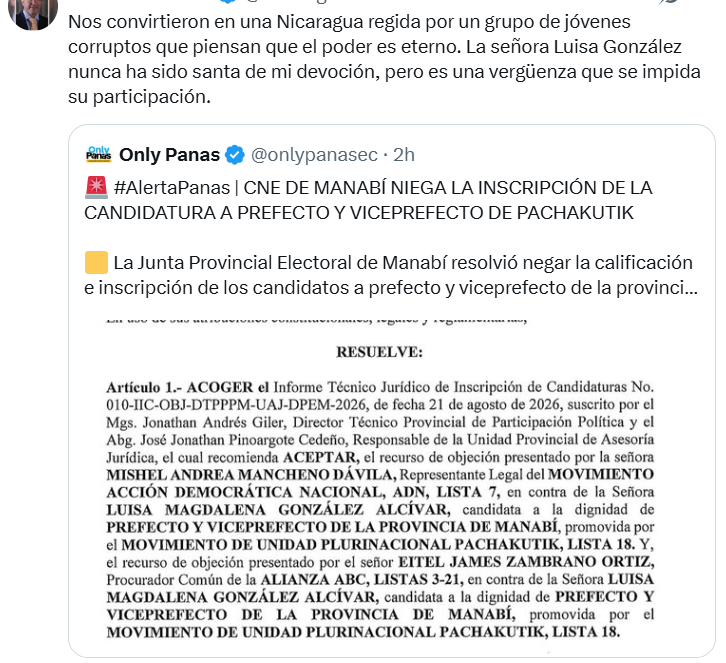 bolivar_lojan's tweet photo. #EleccionesEc2026

Para el escarrá ecuatoriano que me parece se la pasa sentado 

No se trata de tu devoción sino de tu estupidez e ignorancia en yunta.

Debes leer los estatutos de Pachakutik que impide que quien no haya permanecido dos años en Pk pueda ser candidata/o.

¿Fuiste tú quién asesoró a Luisita? Tremendo talón el de Luisita.
 
Matata hakuma.