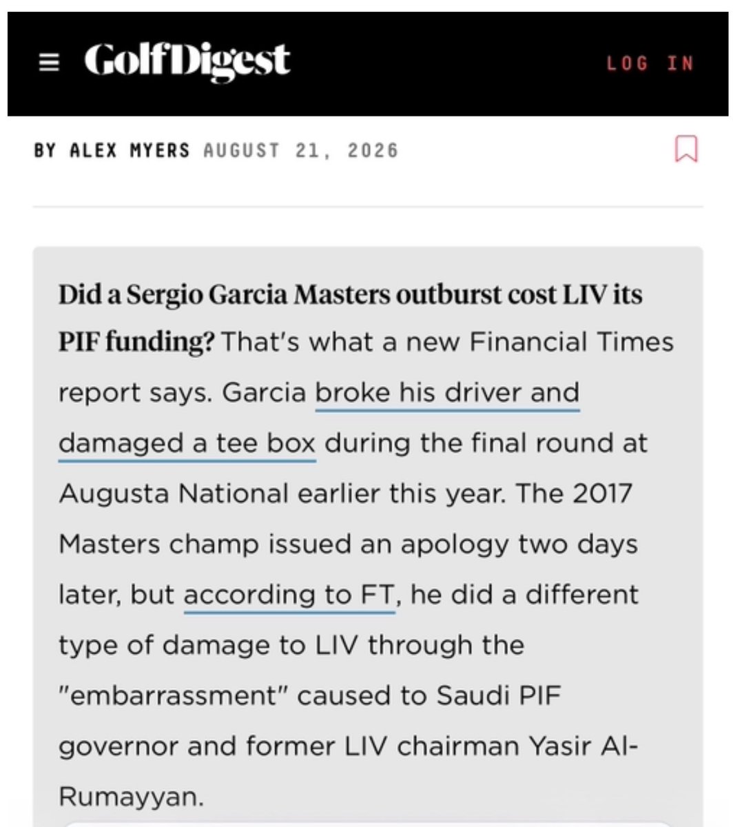 JeffSmithGolf's tweet photo. 🚨 BREAKING: PIF burned billions on LIV, battled the PGA Tour and reshaped pro golf.

But Sergio broke a tee box. 

“Shut it down. We’re out.” 😂

Golf media remains undefeated at fan fiction.📕 https://t.co/LAgXl4IttK