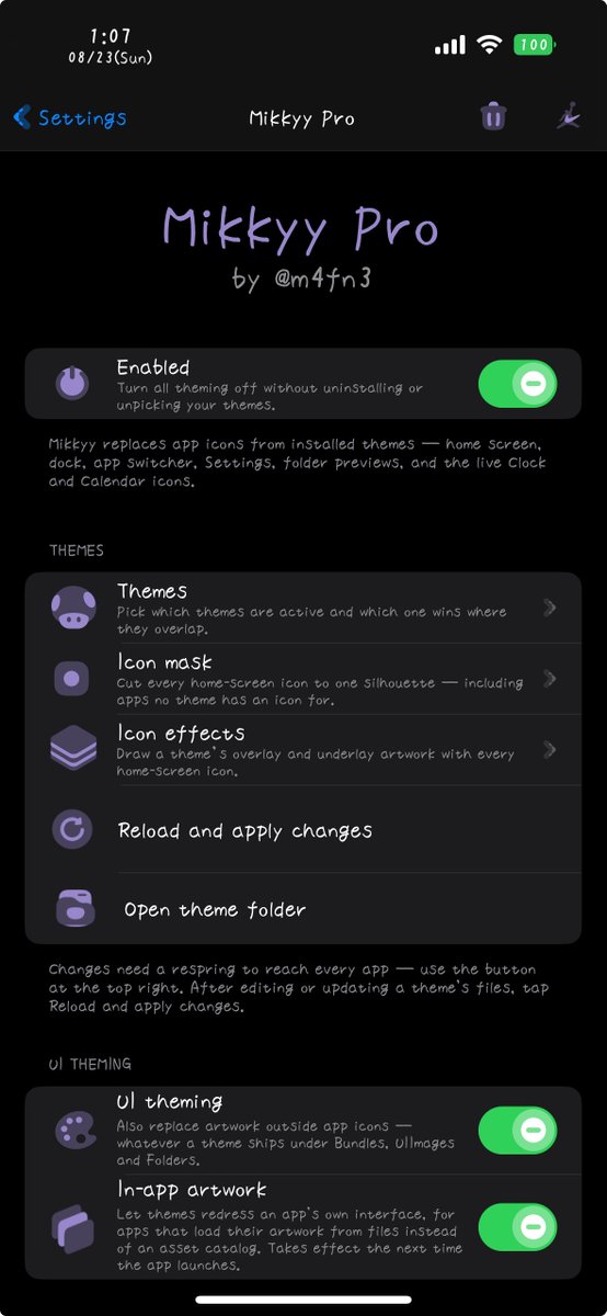 m4fn3's tweet photo. Mikkyy Pro - modern, lightweight interface theming engine

This is a powerful paid version that supports theming System Glyphs, Settings rows, CC, Status bar, Badge, and applying Icon Mask / Effect, custom radius, and size.

Currently only supports iOS17.

https://t.co/Y3seB9a4Wt https://t.co/ZoRSSlB8ZJ