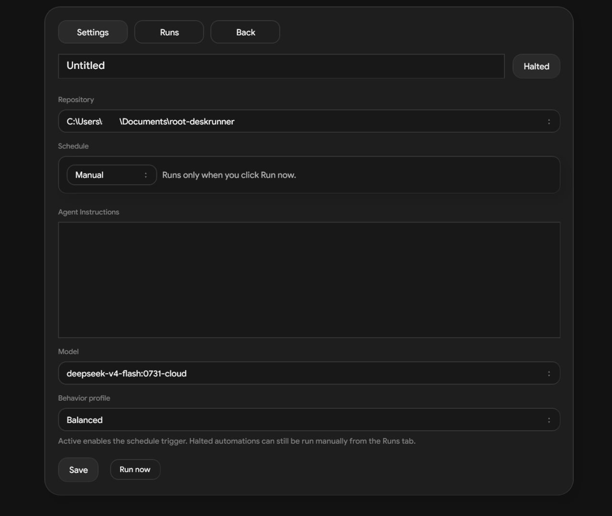 Screenshot of /root's automation interface showing reusable templates and a configurable run form for agent jobs