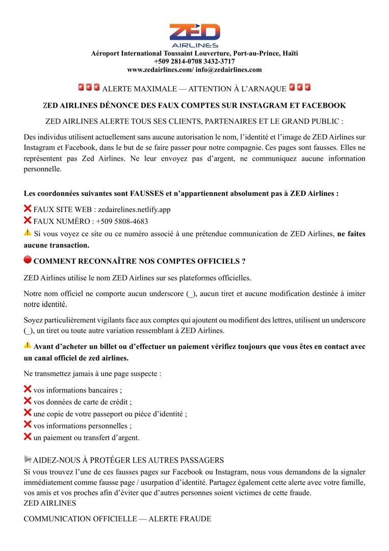 zedairlines's tweet photo. 🚨 ALERTE — ATTENTION AUX ARNAQUES 🚨

⚠️ ZED AIRLINES DÉNONCE DE FAUX COMPTES SUR INSTAGRAM ET FACEBOOK https://t.co/DOkCjRSC7p