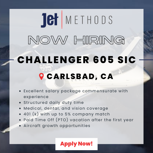 Pilotjob's tweet photo. Jet Methods is looking for a Challenger CL-605 SIC to join our team in Carlsbad, CA.

🛩️ Excellent salary package commensurate with experience
🛩️ Structured daily duty time
🛩️ 401 (k) with up to 5% company match
🛩️ PTO after the first year

Apply here ➡️ https://t.co/MjM723QVom https://t.co/nEZ5f8NwJl