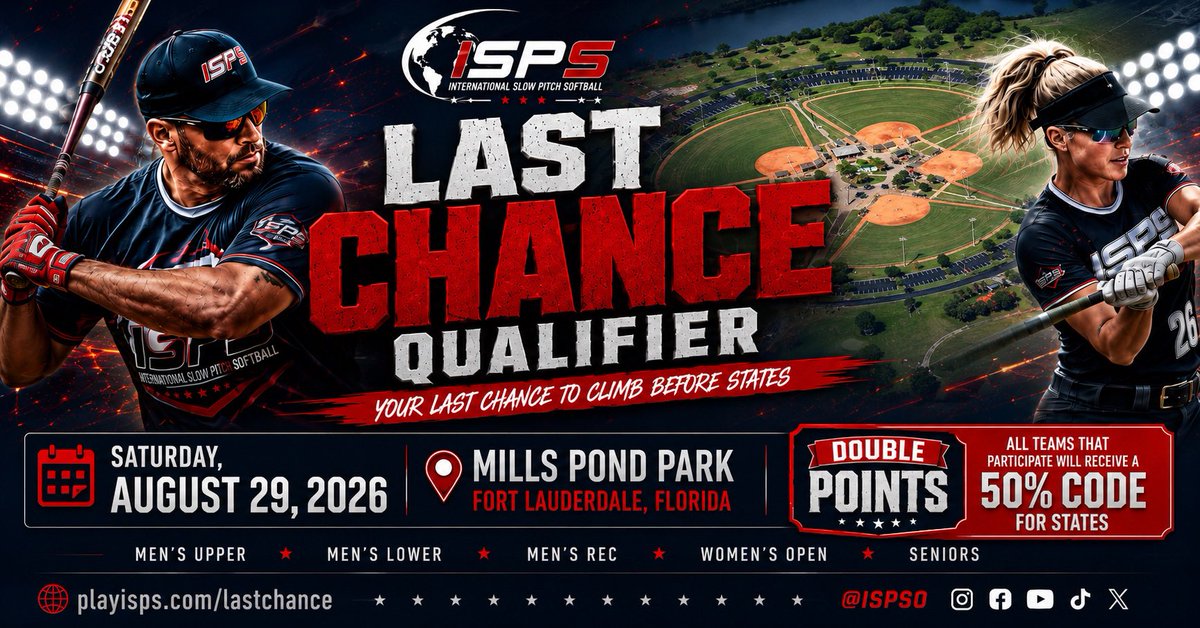 ISPSO's tweet photo. 7 DAYS. 🔥
One week from today, the ISPS Last Chance Qualifier takes over Mills Pond.
⭐ DOUBLE POINTS
🎟️ Participating teams receive 50% off Florida States
🥎 Teams + Free Agents
📅 August 29
📍 Mills Pond Park
One week. Who’s locking in? 👀
https://t.co/Ak1BuKHaWR
#ISPS #LastChanceQualifier #SlowPitch #RoadToStates