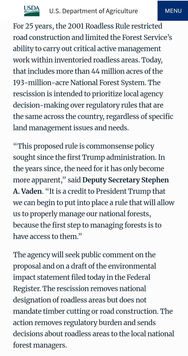 JimWalshLD19's tweet photo. Weekend reading.
One stupid public comment from the current WA governor.
One informed comment (in three screenshots) from the current US Dept of Agriculture Secretary and several western governors NOT from WA.
The "Roadless Rule" is a radical leftist bureaucratic policy that limits firefighters' ability to fight fires. And forest managers' ability to manage forests. It's the kind of dumb left-wing virtue signaling that someone who's never been in the woods would support.
At least one of the recent wildfires in eastern WA burned more wildly because the Roadless Rule meant firefighters couldn't reach it.
The USDA is right to end this stupid bureaucratic rule.