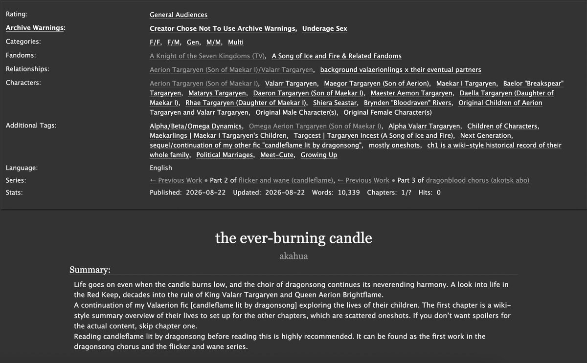 akahuahh's tweet photo. The continuation to my #valaerion abo fic candleflame lit by dragonsong is now up! Please consider checking out the ever-burning candle if you're interested in Valaerion's life beyond the epilogue. All chapters after ch1 will be scattered oneshots, and I'm open to suggestions! https://t.co/3os0Ydarpt
