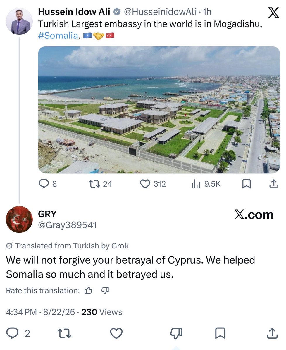 imanmali's tweet photo. With so many Turkish citizens attacking their “black citizens,” this black citizen goes out to post about his masters at the biggest Turkish embassy in Mogadishu. This is the reason why #Turkey 🇹🇷 believes that they own these slaves. Just look at the enslaved mindset and the “house Negro” behavior he exports.

Turkish politicians and leaders are extremely upset with these people. Thousands of hardliners are upset with the Turkish government that their Turkish colony would dare question the issue of #Cyprus 🇨🇾 . More to come.