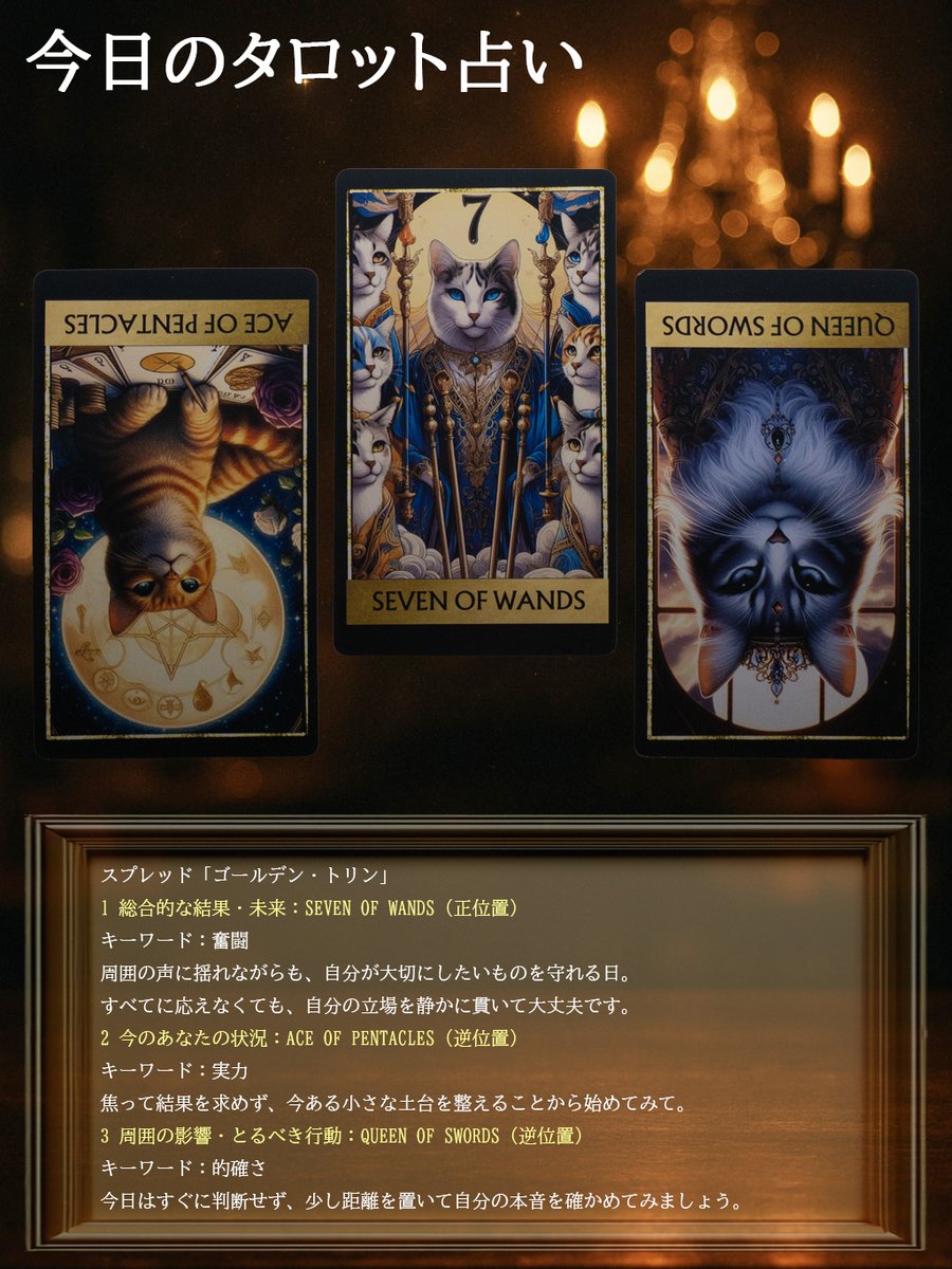 takakaze01's tweet photo. 🔮今日のタロット占い🔮

SEVEN OF WANDS（正）
ACE OF PENTACLES（逆）
QUEEN OF SWORDS（逆）

今日は「自分の基準を取り戻す日」
すぐ答えを出さなくて大丈夫。
自分にとって大切なものを、静かに守っていこう。

#tarot #TarotReading
#タロット占い #今日の運勢
#自分の軸を大切に #心を整える https://t.co/7l1r0sFM33