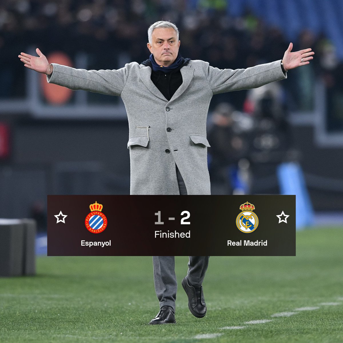 Mourinho_Xtra's tweet photo. Yes ! Mourinho wins his first game of the season with Madrid in his second tenure as manager 

Important +3 points

We moveeee 🤍🖤 https://t.co/AY424v7LzU