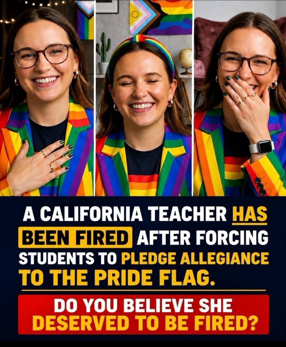 EricTrumpQ1's tweet photo. 🚨 SHOULD A TEACHER BE FIRED FOR FORCING STUDENTS TO PLEDGE ALLEGIANCE TO A PRIDE FLAG?

🇺🇸 A. YES — Absolutely
❌ B. NO — She shouldn’t be fired https://t.co/R4tDCfJN35