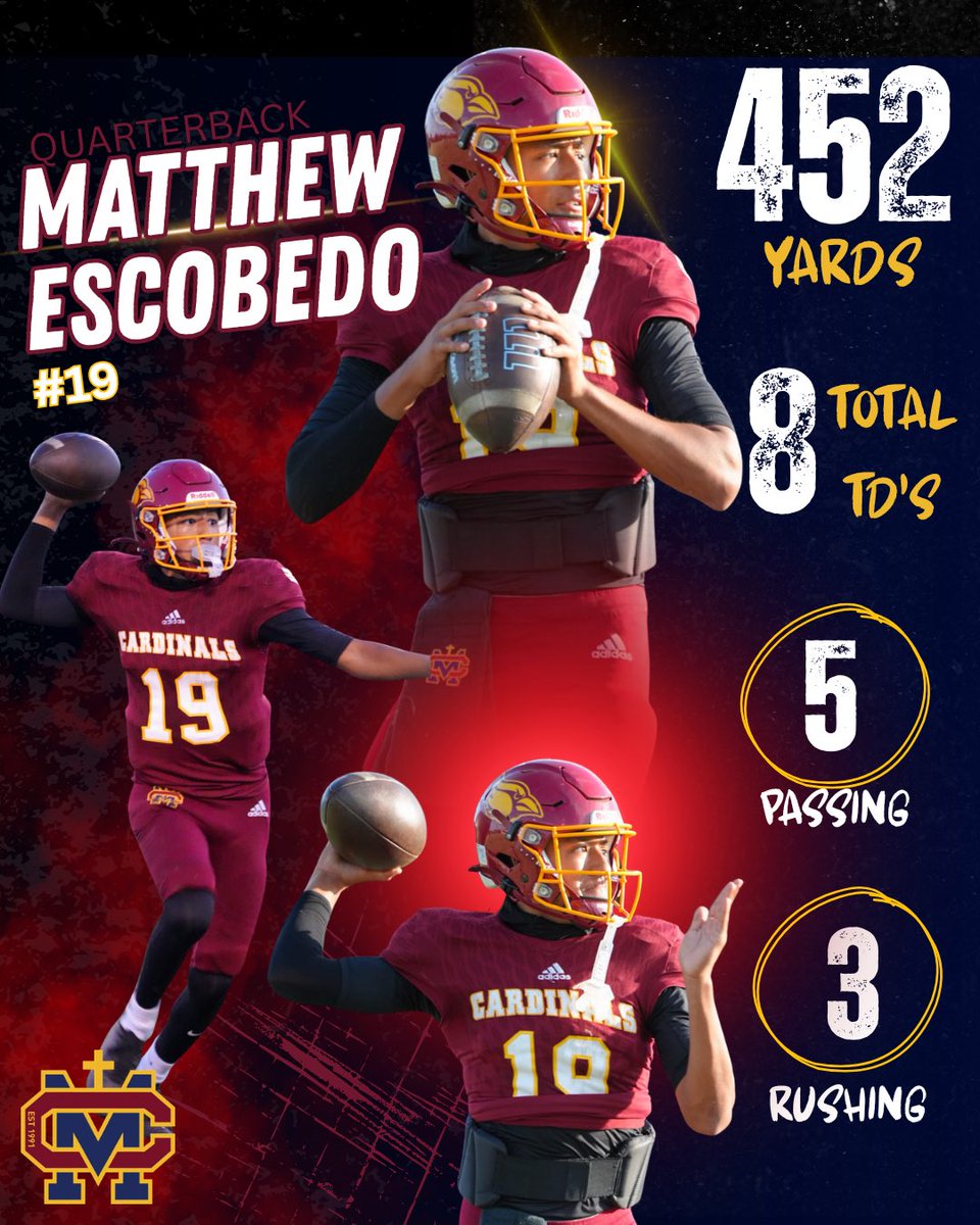 cshmathletic's tweet photo. A historic night for Cantwell-Sacred Heart of Mary HS Football! 🏈🔥

QB Matthew accounted for 8 total TDs, while WR Owens broke the school record with 284 receiving yards. Two incredible performances and an unforgettable night for the Cardinals! https://t.co/3eSd4g89DK