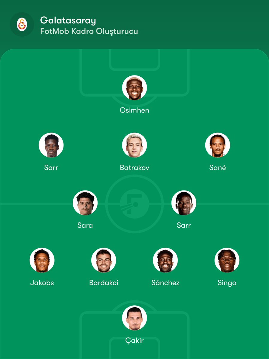 Burakeren_1987's tweet photo. Ismaila Sarr ve Pape Sarr'ın transferi halinde, Galatasaray'ın ideal ilk 11'i bana göre bu şekilde. Takımın atletizm ve fizik seviyesi bir anda nereye geldi değil mi? 

Muazzam bir pres kadrosu olmasının yanında, orta saha ve hücumda topun kıymetini de biliyor. Açık alan ya da kapalı savunmaya karşı fark etmeden, çok etkili bir 11 bu.

Stoper ve forvet de çözülürse, Okan Hoca'nın söylediği 2 tane iyi 11'imiz söyleminin de altı doluyor. 2 Sarr'ı transfer etmek en önemlisi. Sonrası rötuş olacak.