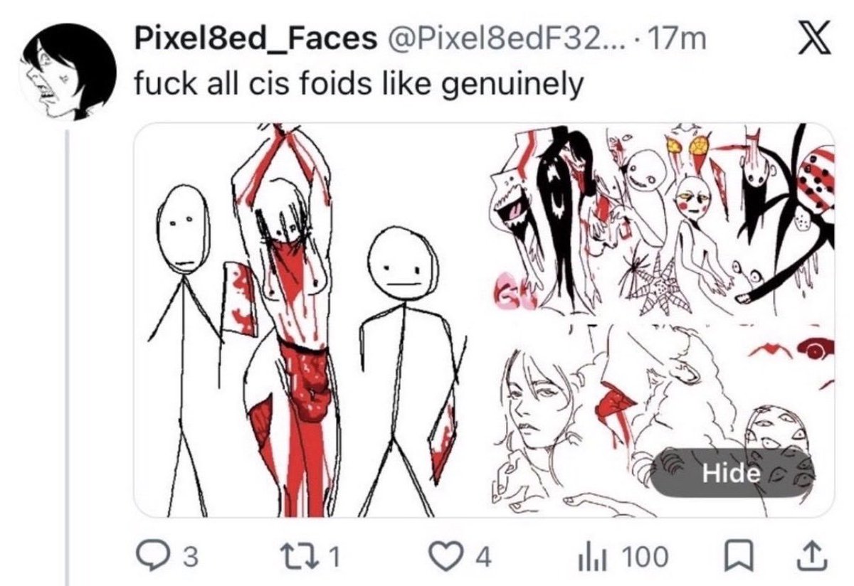 ljmontello's tweet photo. "Vent art" &amp; it's an entire Twitter &amp; reddit account dedicated to depicting the kind of violent rape, murder &amp; dismemberment of women that would fit right in a mass shooter manifesto.

But please keep defending violent misogyny in the community.

It's a brilliant look. https://t.co/T08VJgHnhI