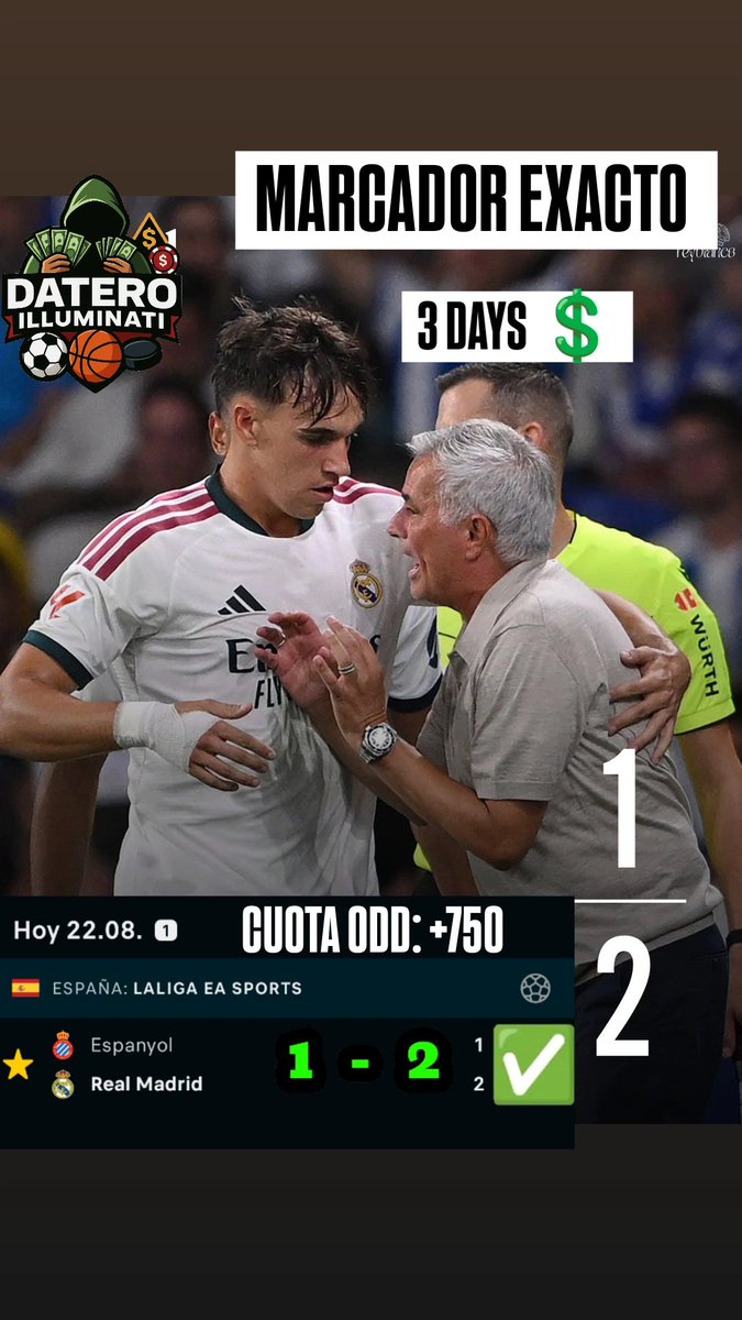DateroIluminati's tweet photo. Marcador exacto! ¡PAID🎯✅
🔥¡Increíble predicción!💲3 DAYS  

Real Madrid 1 - 2 ✅ #odds : +750

¿Quieres acertar así? Únete recibe pronósticos ganadores +51921487932

#apuestasdeportivas #Pronósticos  #Parley #BettingTips #SportsPicks #GanaConNosotros #bets #betsson https://t.co/G6DETFIrxj