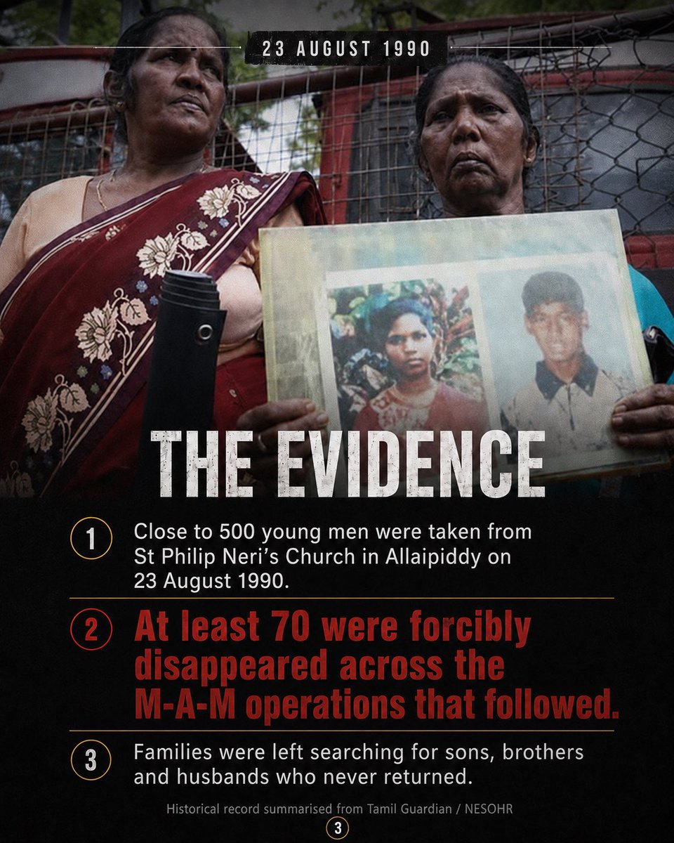 kalyaniinpa's tweet photo. 23 Aug 1990: Tamil civilians in Mandaitivu, Allaipiddy and Mankumban were ordered toward churches and temples.

20 people were killed that day.
Close to 500 young men were taken from St Philip Neri’s Church.
At least 70 were forcibly disappeared across the operations that followed.

36 years later, families are still waiting.

#TamilGenocide #EnforcedDisappearances