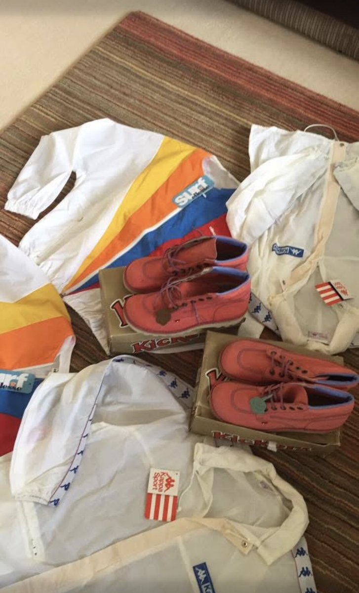 wisehindsight's tweet photo. @MMcadidas Was always partial to the early 80s kappa sport &amp; robe di kappa . Have all the cagoules &amp; rain/ ski jackets from that era. Photo from 2016 , one of my last deadstock hauls before I packed the game in. https://t.co/5uEAu0iImo