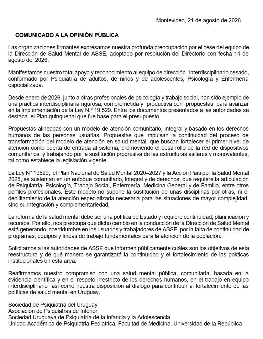 Fedecasaretto's tweet photo. ASSE SIGUE DESHACIENDO

Ahora las principales asociaciones de Psiquiatras del país, reaccionan frente a la decisión del Directorio de ASSE de descabezar la Dirección de Salud Mental.

Los que saben de salud mental, le solicitan saber a los que no saben de salud mental, cuáles son los objetivos de esta reestructura y de qué manera se garantizará la continuidad y el fortalecimiento de las políticas institucionales en esta área.

Qué dirá Danza ahora ?

Después del papelón de la semana pasada hablando del Pereira Rossell -en donde se comprobó que nuevamente faltaba a la verdad- se habrá dado cuenta que las excusas de culpar al gobierno anterior, ya no dan resultado.