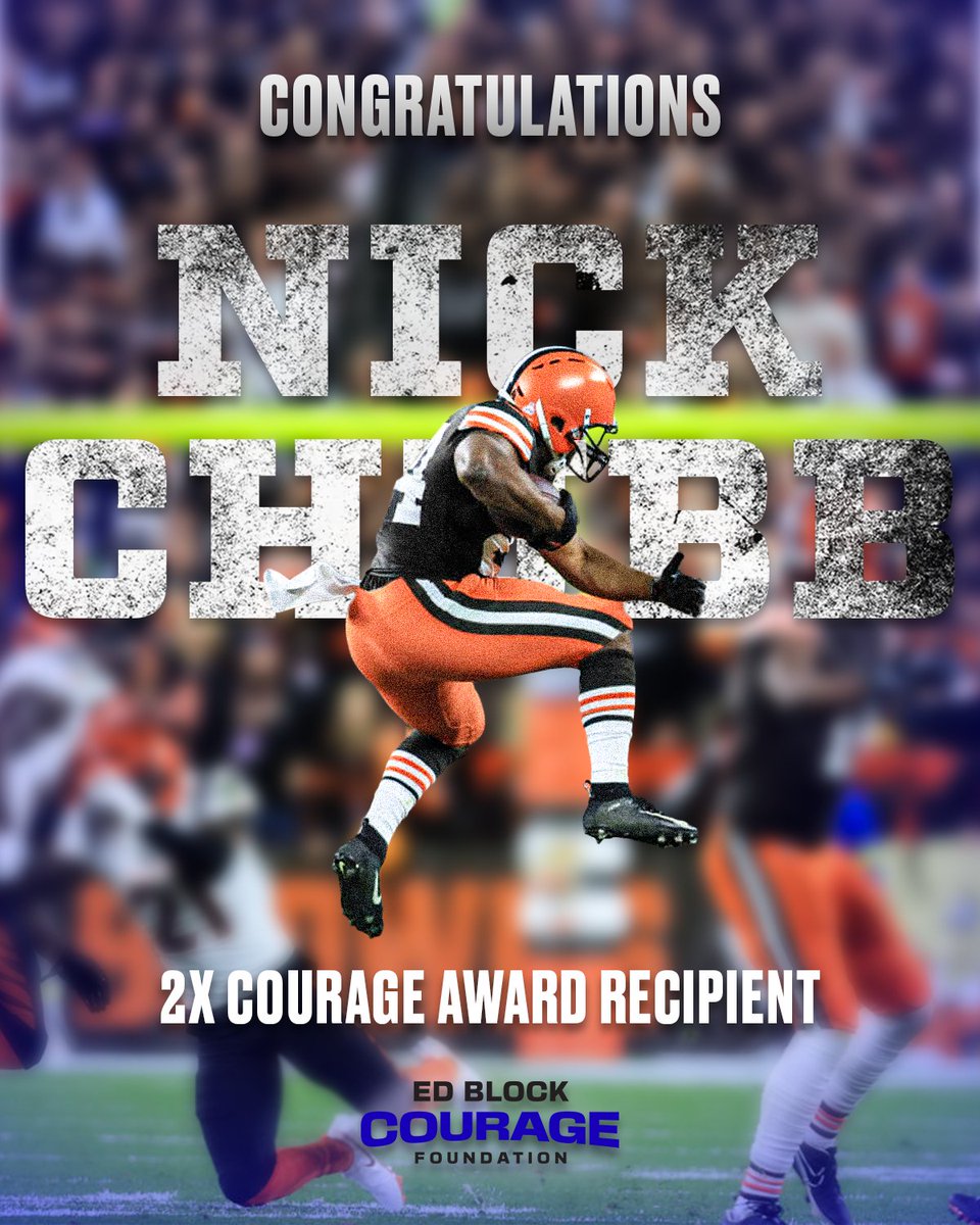 EdBlock's tweet photo. Congratulations to Nick Chubb on an incredible NFL career 🙌

@NickChubb was voted by his peers to receive the Ed Block Courage Award not once, but twice, in 2020 and again in 2024, both times as a member of the Cleveland Browns. His perseverance, toughness, humility, and commitment to his teammates embodied everything the Courage Award represents.

Wishing you all the best in retirement.
#EdBlock #NickChubb #Courage #NFL