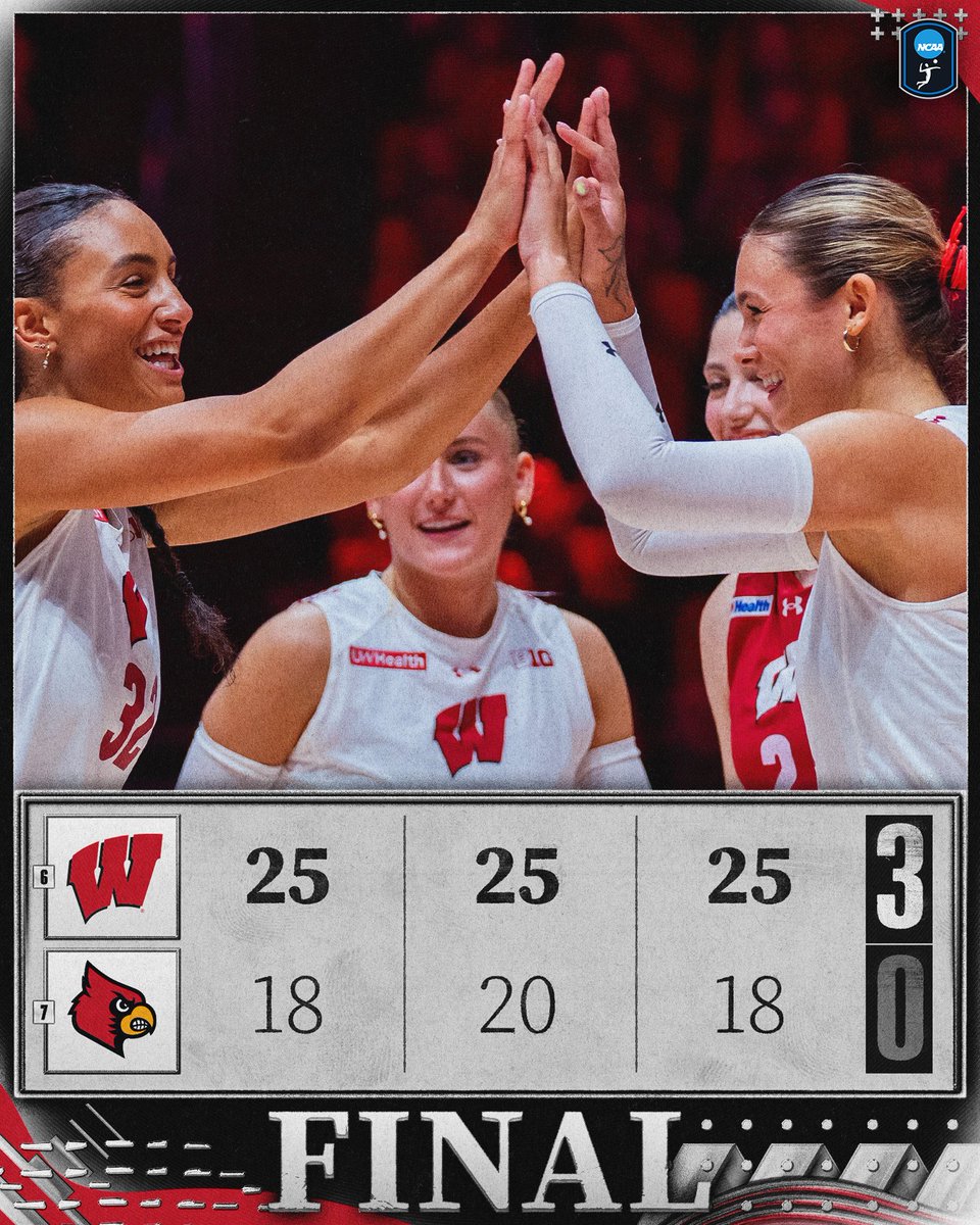 NCAAVolleyball's tweet photo. BRING OUT THE BROOMS, BADGERS 🧹

No. 6 @BadgerVB takes down No. 7 Louisville in three sets!

#NCAAWVB https://t.co/LpC47bs6Gb