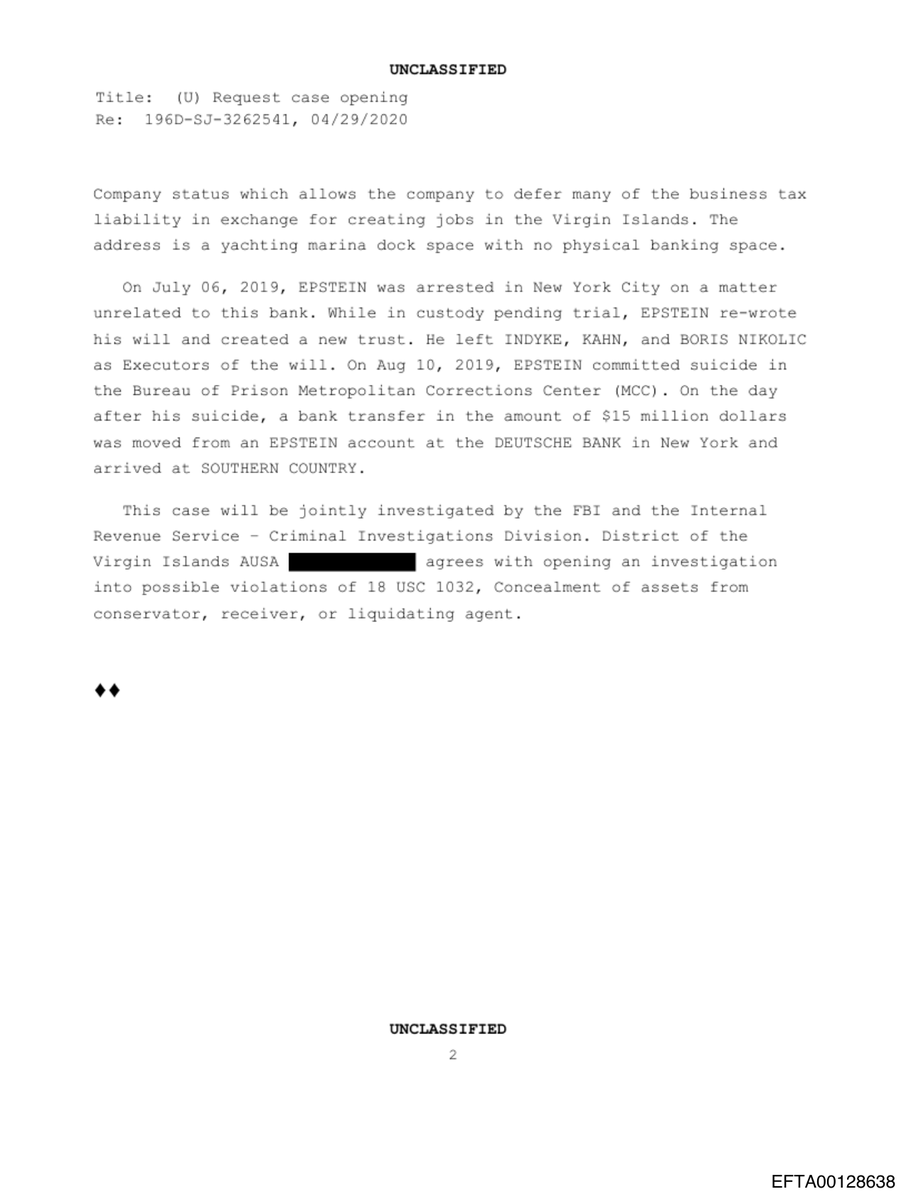 epsteinsearchin's tweet photo. Jeffrey Epstein's Virgin Islands bank had no bank in it. The FBI wrote down the registered address: a yachting marina dock space with no physical banking space.

The day after he died, 15 million dollars left his Deutsche Bank account in New York and landed there. https://t.co/Yv12eUu2N4