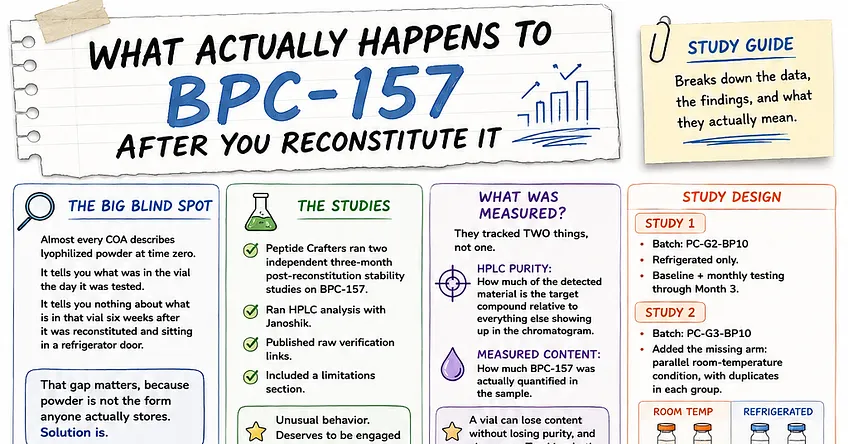 OHMpeptides's tweet photo. New data on BPC-157 you should know about before your next vial goes in the fridge.

Two independent 90-day HPLC studies just landed (Peptide Crafters × Janoshik, sterile-water reconstitution), and the refrigerated-vs-room-temp gap is bigger than the community heuristics said. Derek Pruski wrote the definitive breakdown.

The numbers:

Refrigerated (35°F): 97% → 93% → 87% of active peptide at Days 30 / 60 / 90.
Room temp (70°F): 90% → 85% → 79% at Days 30 / 60 / 90.

A vial left out for a month costs you ~10% of the active peptide. Refrigerated for that same month, you're at ~97%.

The mechanism is the interesting part. BPC-157 has adjacent aspartic-acid residues (Asp-Asp motif) that undergo intramolecular hydrolysis in aqueous solution. It needs only water — no oxygen, no light. Amber vials and inert gas headspace don't touch this reaction. The only things that slow it are cold and short time-in-solution.

Practical rules:

— Refrigerate the moment you reconstitute. Not "later that day." Immediately.
— Don't reconstitute more than you'll realistically use in ~30 days.
— Bulk buyers: keep the extra vials lyophilized in the fridge, still sealed. Reconstitute one vial at a time. Lyophilized BPC-157 is stable for years — the degradation clock only starts when you add water.
— Swirl gently before each draw to redistribute anything that adhered to the vial. Never shake.
— Do NOT extrapolate this to other peptides. BPC-157 is roughly 10× less stable refrigerated than Tesamorelin over the same window. Every peptide has its own curve.

Full breakdown by Derek — one of the sharpest evidence-first peptide writers online:
https://t.co/wnHEr2qC0t