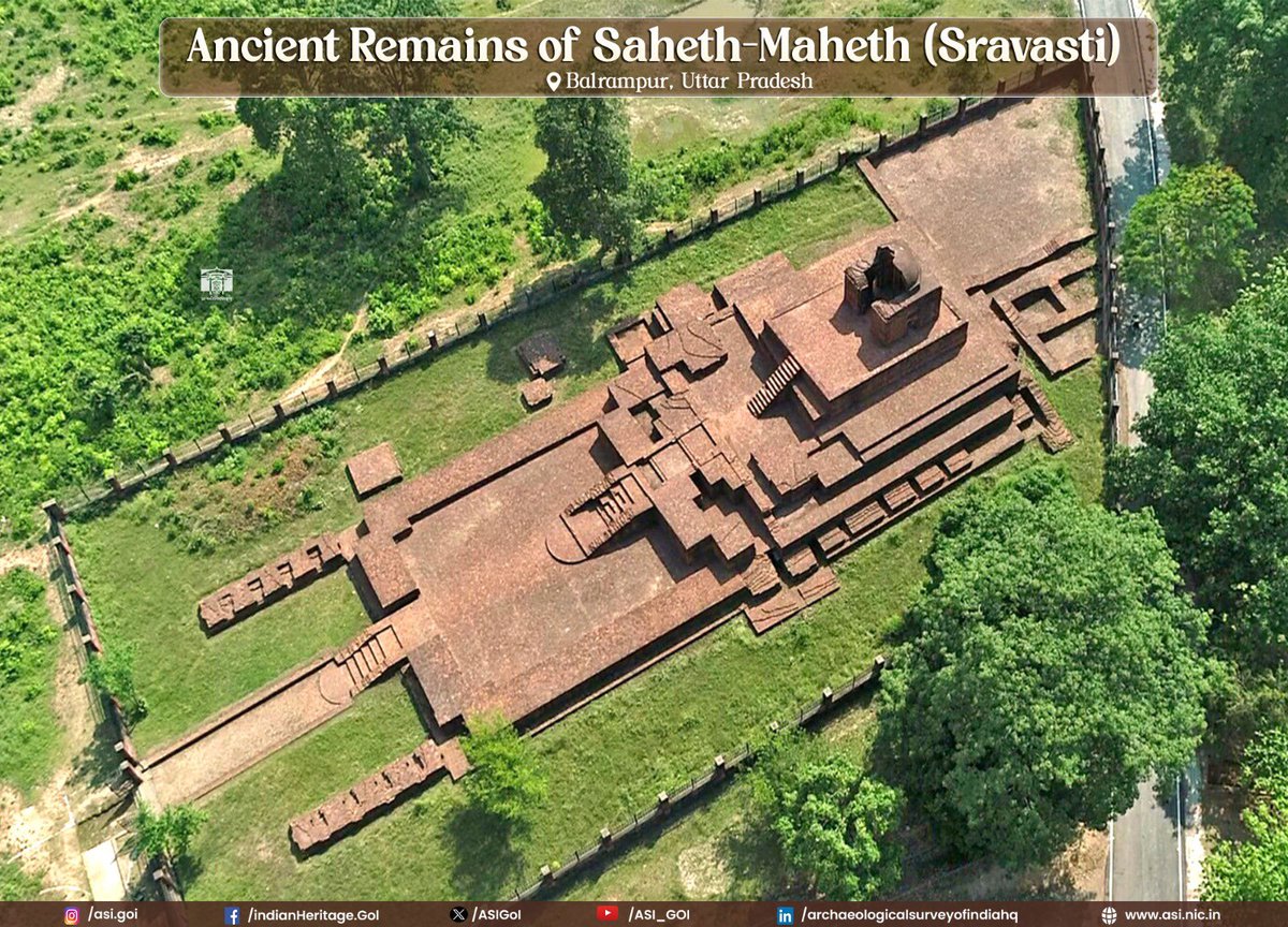 ASIGoI's tweet photo. Dating from the 6th century BCE to the Early Medieval Period, Sravasti reached the peak of its prosperity during the time of Buddha under the powerful ruler Prasenaji. It is mentioned in the Mahaparinibbana Sutta as one of the six important cities where Buddha had a large following.

The remains of the famous Jetavana lie within an irregular enclosure at Sahet. Excavations have brought to light the remains of temples, stupas and monasteries. The earliest available relics include a few Kushan structures and images.

At Mahet, the fortified city of ancient Sravasti is represented by the ruins of two massive brick structures known as Pakki-Kuti and Kachchi-Kuti. These are regarded respectively as the stupa erected at the spot where Angulimala was converted and the stupa of Anathpindaka. (2/2)