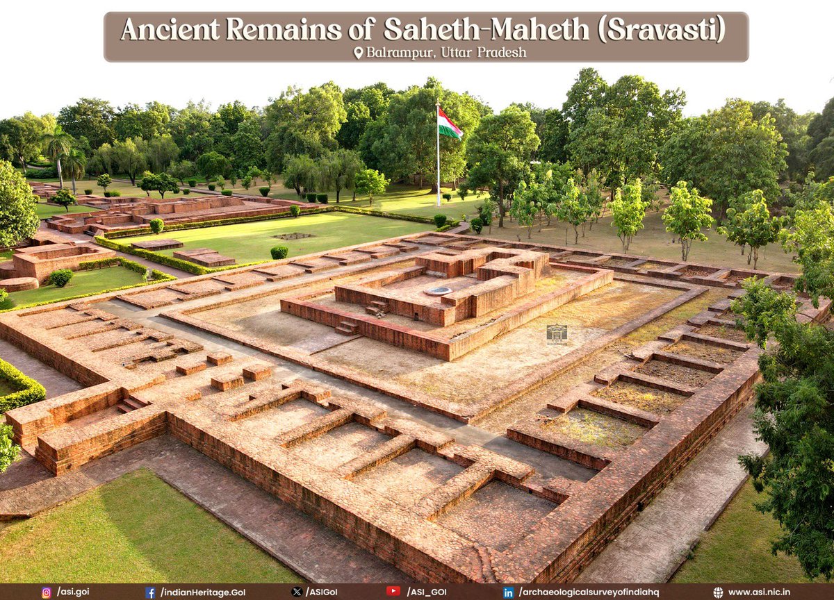 ASIGoI's tweet photo. Dating from the 6th century BCE to the Early Medieval Period, Sravasti reached the peak of its prosperity during the time of Buddha under the powerful ruler Prasenaji. It is mentioned in the Mahaparinibbana Sutta as one of the six important cities where Buddha had a large following.

The remains of the famous Jetavana lie within an irregular enclosure at Sahet. Excavations have brought to light the remains of temples, stupas and monasteries. The earliest available relics include a few Kushan structures and images.

At Mahet, the fortified city of ancient Sravasti is represented by the ruins of two massive brick structures known as Pakki-Kuti and Kachchi-Kuti. These are regarded respectively as the stupa erected at the spot where Angulimala was converted and the stupa of Anathpindaka. (2/2)